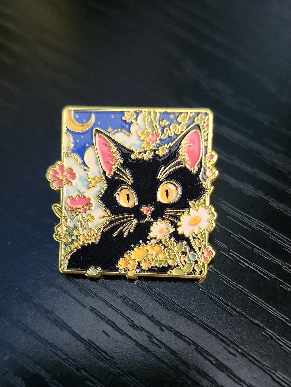 Black Cat Floral Enamel Pin - Gold Trim, Yellow & Pink Accents